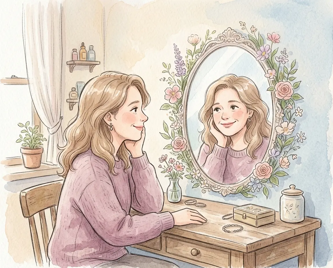 거울을 보며 미소 짓는 중년 여성과 꽃 장식 수채화