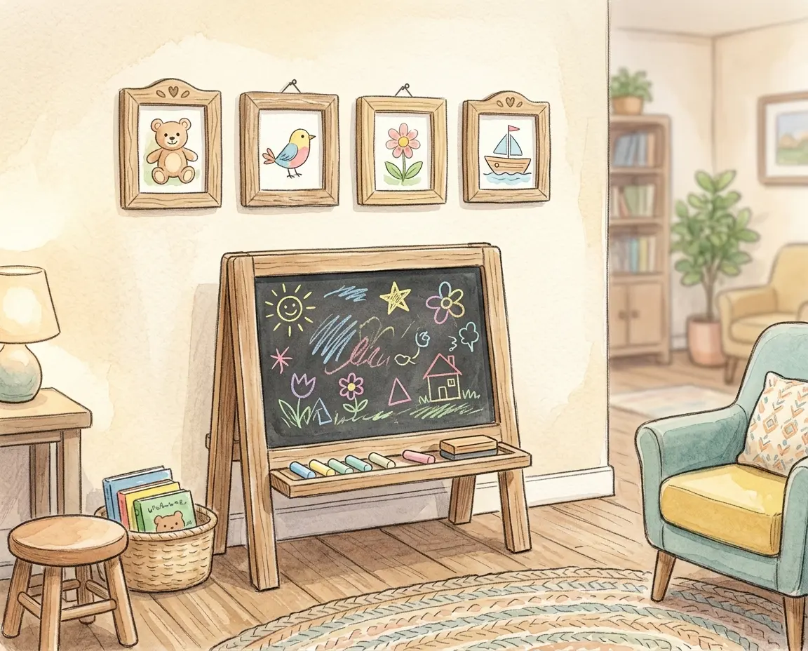 아이들 눈높이에 맞춰 낮게 설치된 그림 게시판과 따뜻한 조명