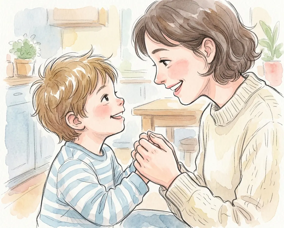 아이와 눈을 맞추고 손을 잡으며 미소 짓는 부모의 모습