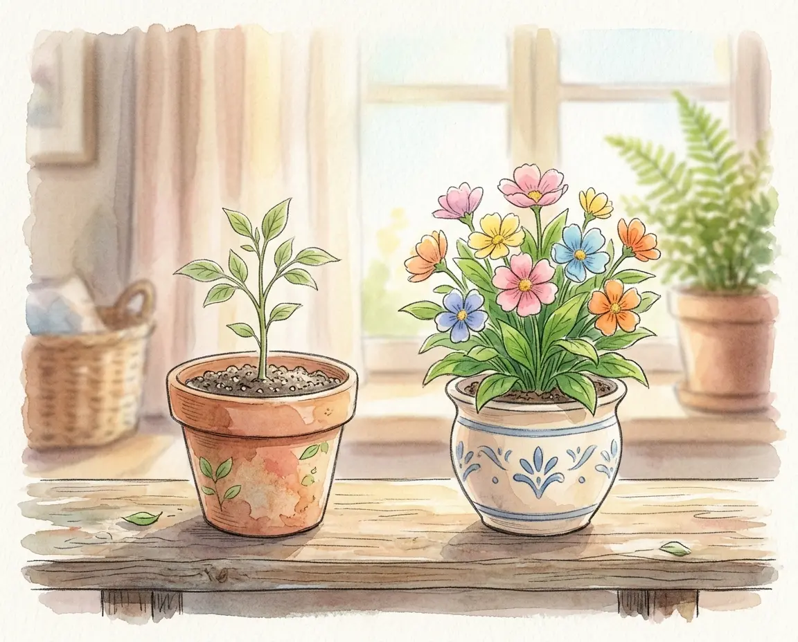 평범한 새싹과 독특하고 아름답게 피어난 꽃의 대비를 보여주는 일러스트