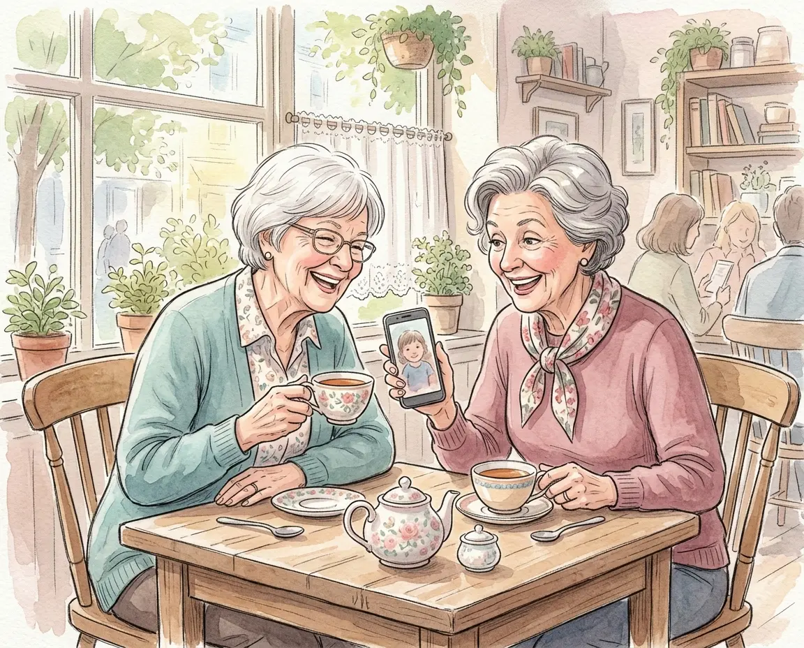 카페에 앉아 따뜻한 차를 마시며 스마트폰으로 사진과 글귀를 함께 보며 환하게 웃는 두 중년 여성의 수채화 일러스트