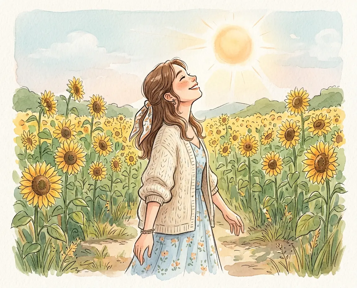 밝은 햇살을 올려다보는 사람과 그 뒤로 물러난 그림자, 그리고 해바라기