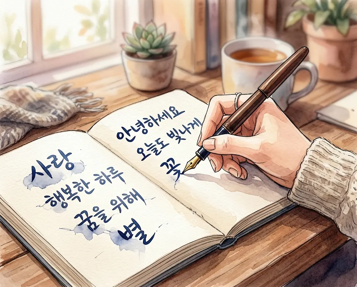 만년필로 정성스럽게 노트에 글씨를 적어 내려가는 따뜻한 손의 모습