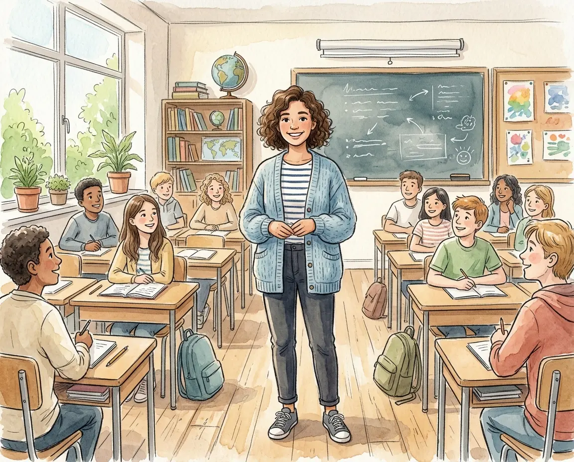 교실 앞에서 자신감 있게 미소 짓는 학생