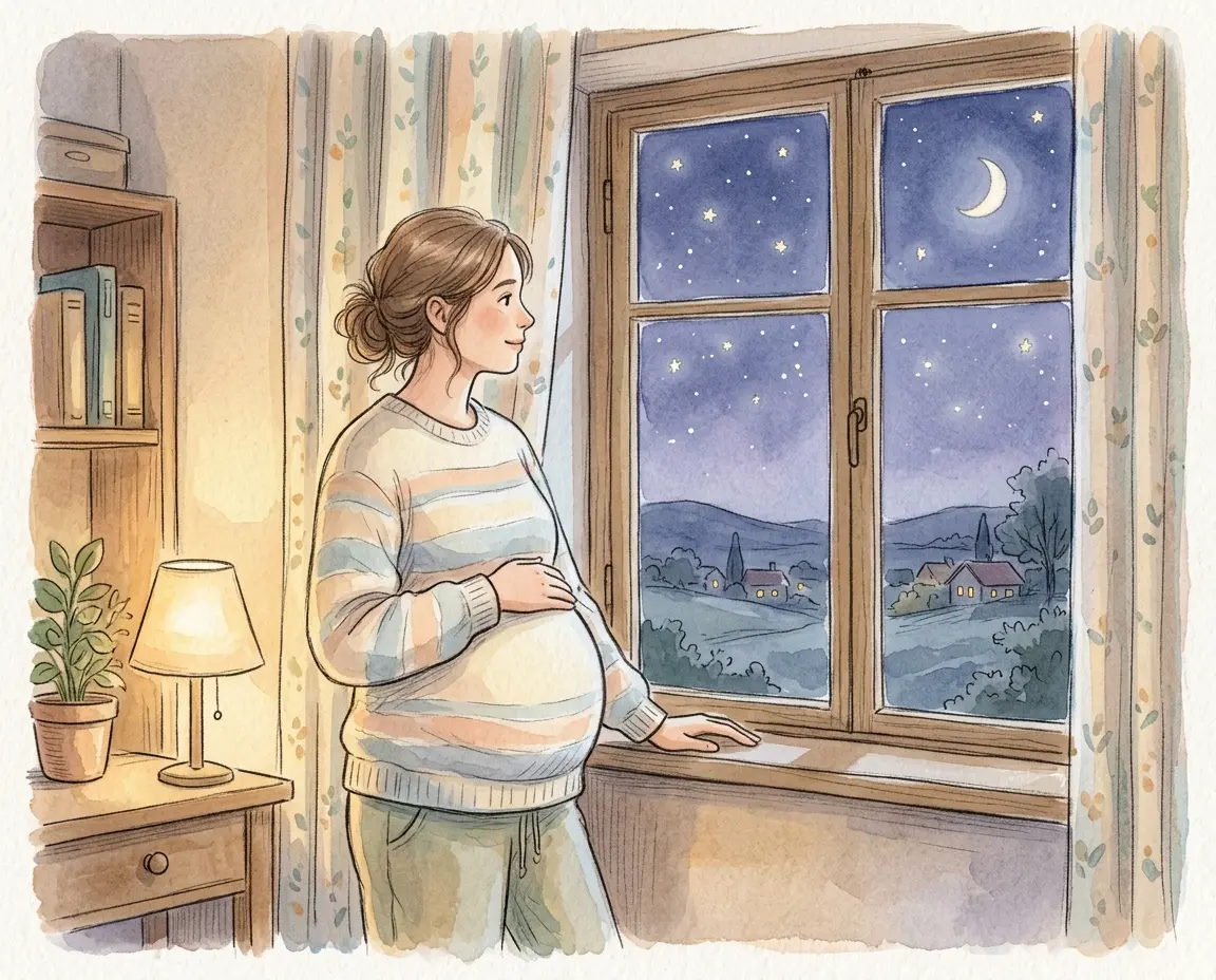 밤하늘의 별을 바라보며 평온을 찾는 임산부의 모습