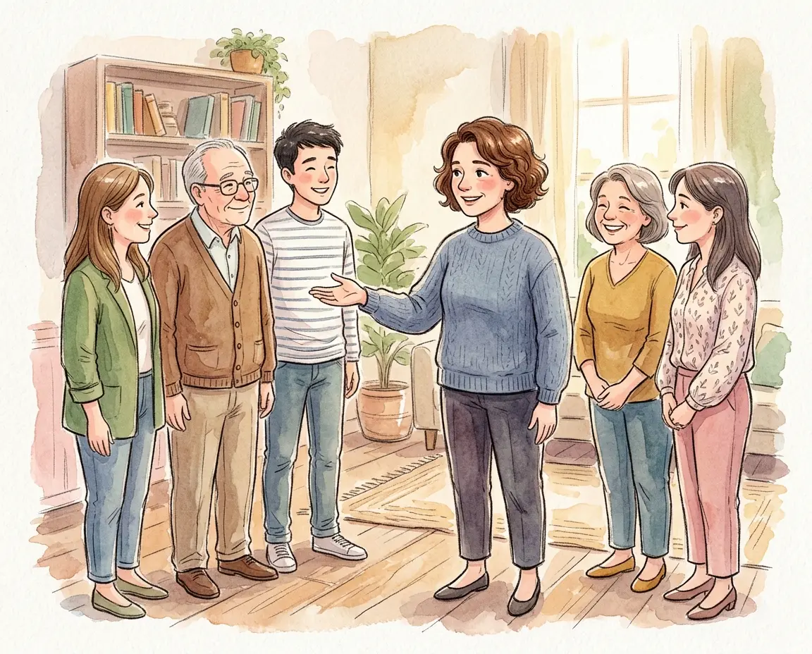 팀원들에게 다정하게 손을 내밀며 이야기하는 팀장의 수채화 일러스트